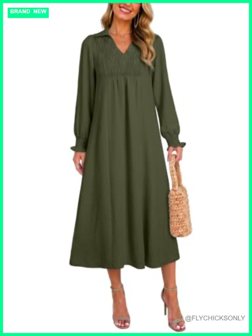 V Neck Puff Long Sleeve Empire Waist Maxi Dress
